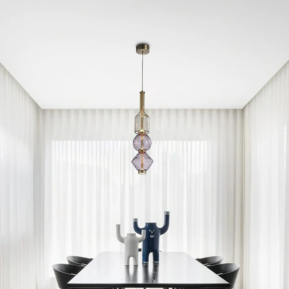 Suspension Design Verre Violet Diamant – Sphères Superposées & Laiton Doré