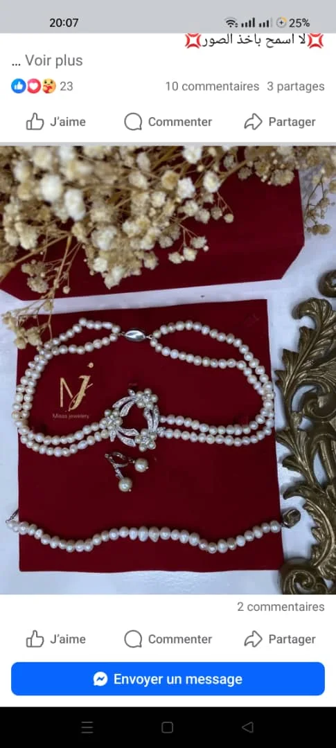 parure en vrais perle naturel joher avec motif rincé argent