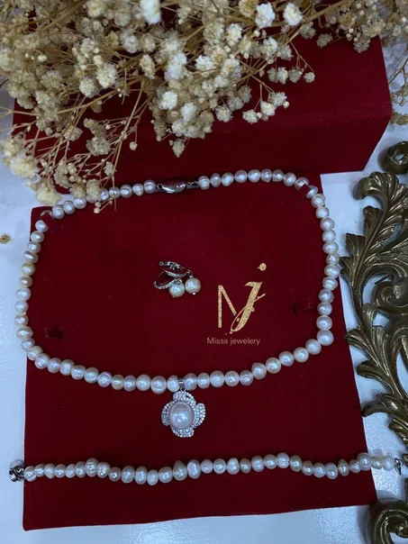 parure en vrais perle naturel joher avec motifs zircon rince  argent