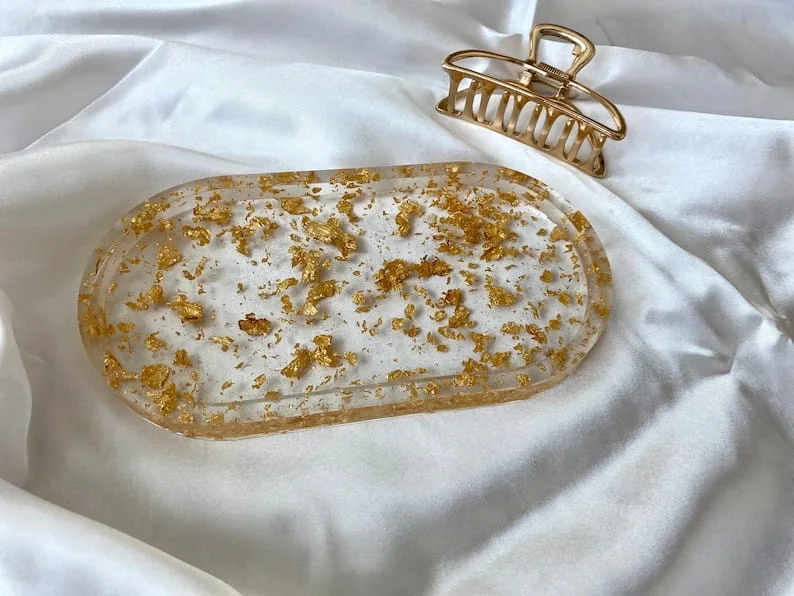 Plateau à bijoux pour bijoux en résine dorée