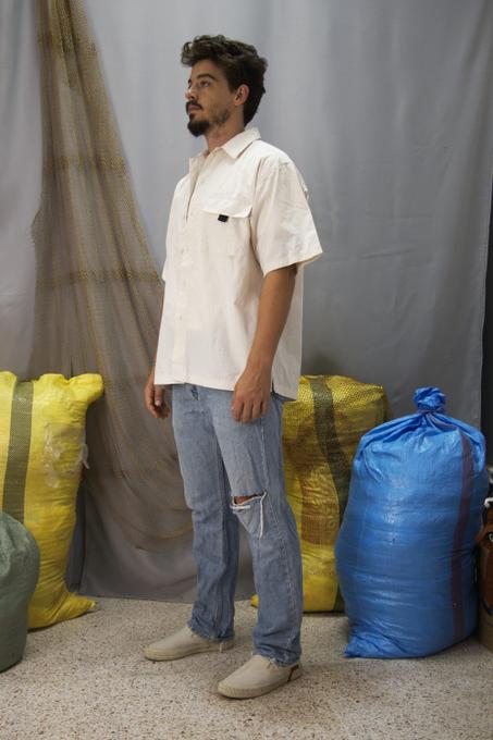 Chemise vintage à manches courtes, blanc cassé, avec poche