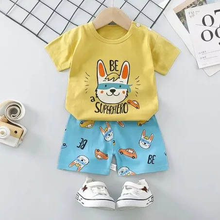 ملابس للأولاد الصغار تي شيرت + شورت قطني - بيجامات أطفال عام- عامين