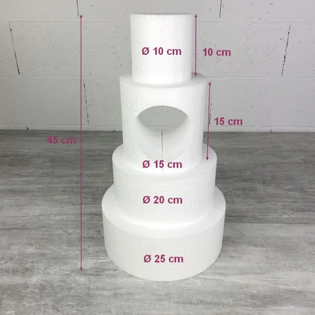 Pièce montée en Polystyrène ouverture ronde, 45 cm de haut, Base Ø 25cm à 10cm, 4 étages wedding cake cutout