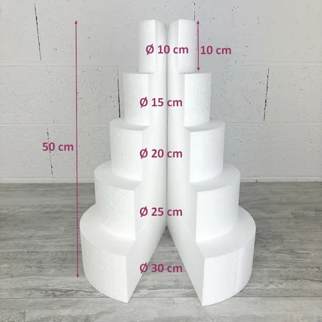 Pièce montée en polystyrène coupée en 2 parties, Base Ø 30cm à 10cm, hauteur totale 50 cm, dummy pour gâteau Styropor