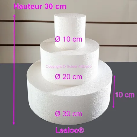 Petite Pièce montée en polystyrène Hauteur 30 cm, Base Ø 30cm à 10cm, 3 disques de 10cm de haut