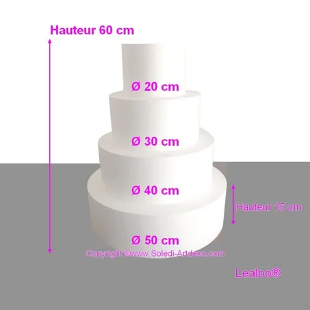 Pièce montée Wedding Cake Hauteur 60 cm, Base Ø 50cm à 20cm, 4 disques de 15cm de haut en Polystyrène
