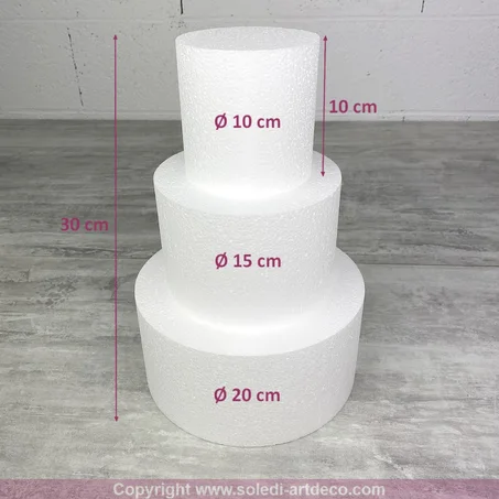 Petite pièce montée Haut. 30 cm en polystyrène, Base Ø 20cm à 10cm, 3 disques de 10cm de Haut, pour gâteau Styropor, 3 étages