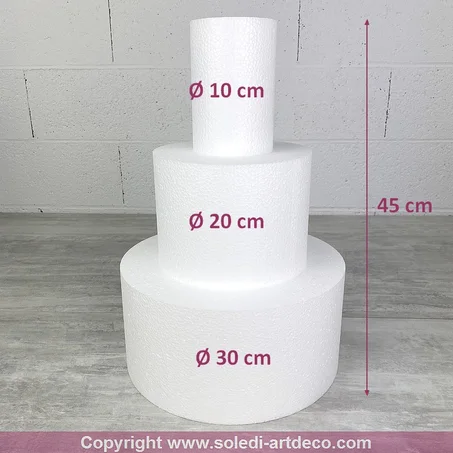 Petite Pièce montée en polystyrène Hauteur 45 cm, Base Ø 30 cm à 10 cm, 3 disques de 15 cm de haut