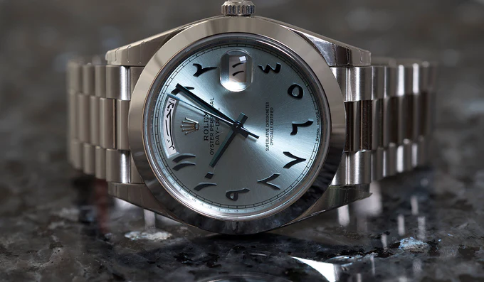 Rolex Day-Date 40 Platinum Ice Blue "Arabic" Dial Middle East Ed