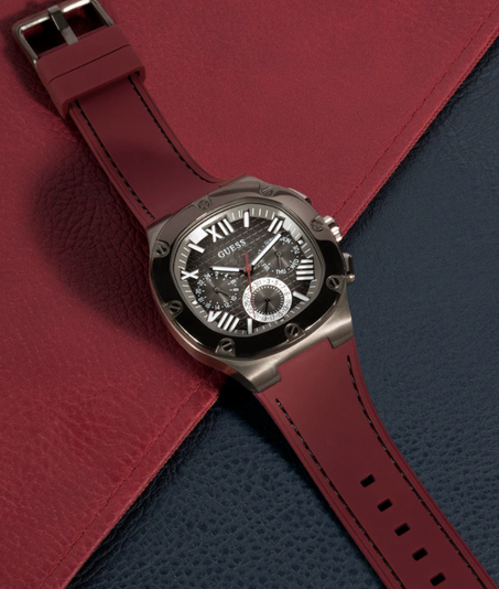 GUESS Mens Burgundy Gunmetal Multi-function Watch