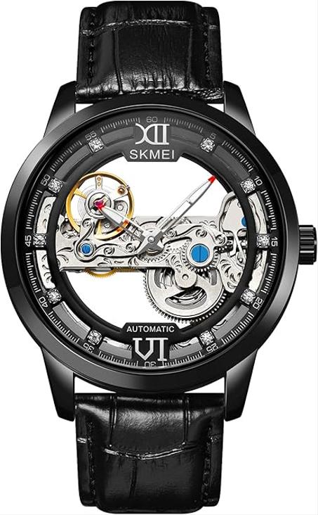 SKMEI-M031 Noir Montre mécanique de luxe pour homme transparente, creuse, automatique