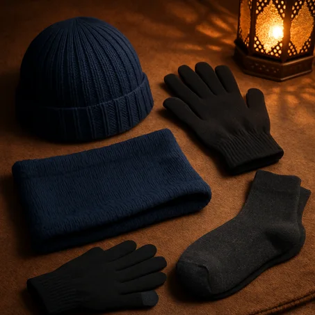 4 قطع أساسية ضد البرد القارس. 🧣 طاقية، سكارف، كفّازات، وجوارب حرارية.