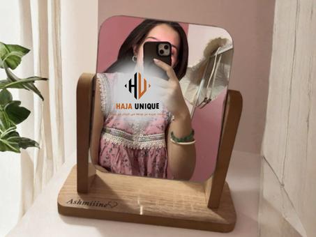 مرآة دوارة 360° أنيقة بخشب إسباني + إمكانية كتابة الإسم