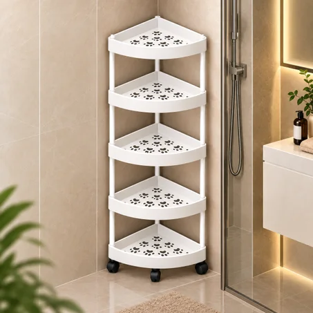 Organisateur d’angle de salle de bain à 5 niveaux sur roulettes – VOLTTIX