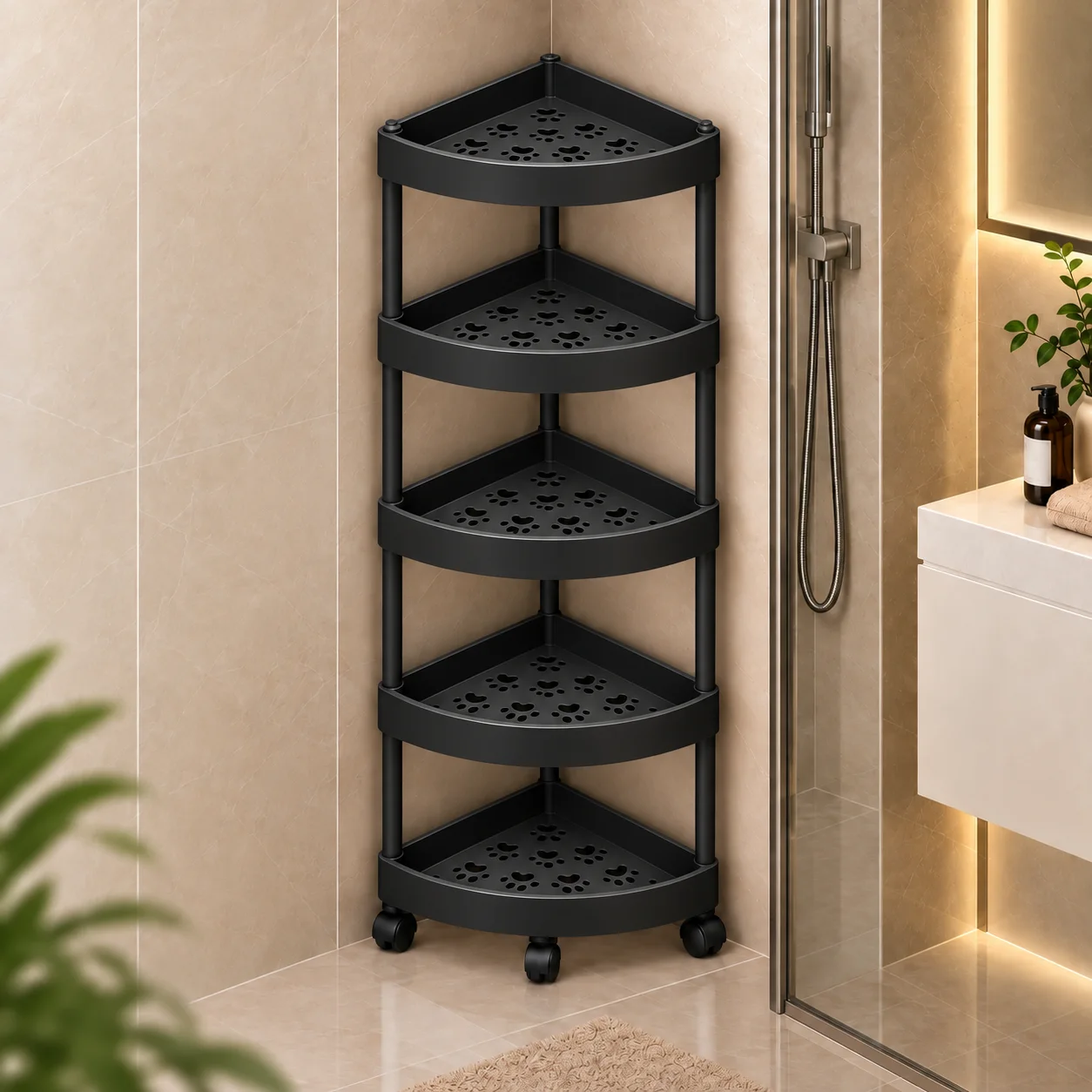 Organisateur d’angle de salle de bain à 5 niveaux sur roulettes – VOLTTIX