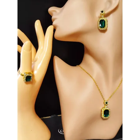 Parure de Bijoux Vintage en Acier Inoxydable avec Cristaux Émeraude Zircon