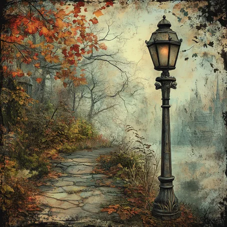 Autumn Mist Street Lamp - Vintage Urban Pathway Canvas
