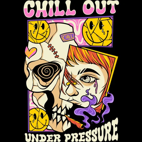 Chill Out Under Pressure Retro Pop Culture Canvas Wrap – Trippy Skull & Psychedelic Art