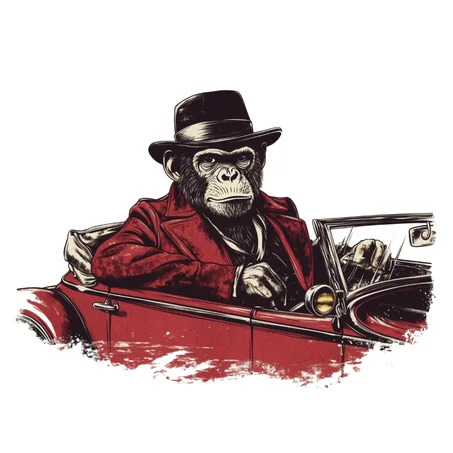 Vintage Monkey in Fedora Driving a Classic Car