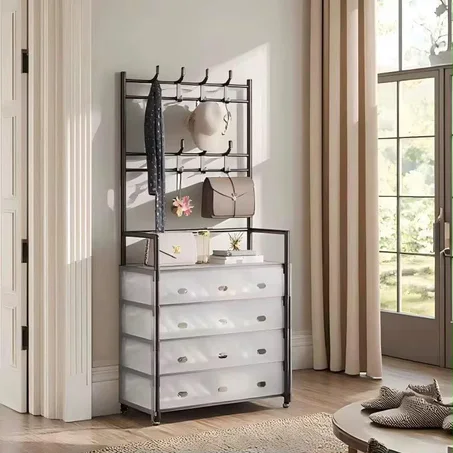 Étagère à Chaussures 4 Niveaux avec Porte-Manteau – Rangement Multifonction, Design Compact & Robuste, Couverture Anti-Poussière