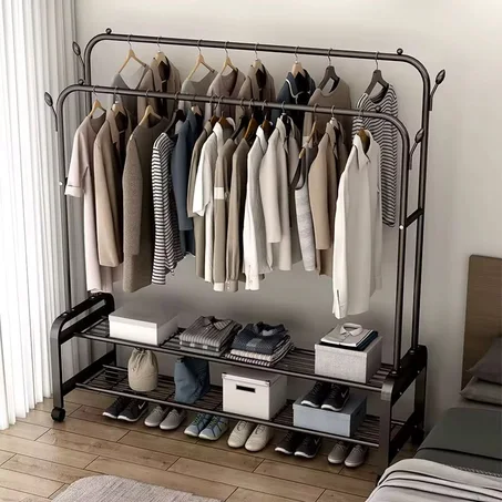 Portant à vêtements avec roulettes, Porte-vêtements Mobile en métal avec étagères, Porte-Manteau à roulettes Portable avec Support inférieur,