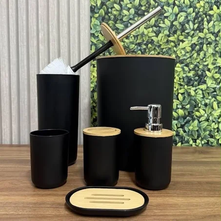 Set Accessoires Salle de Bain 6 en 1 avec Poubelle - Style Bambou Moderne