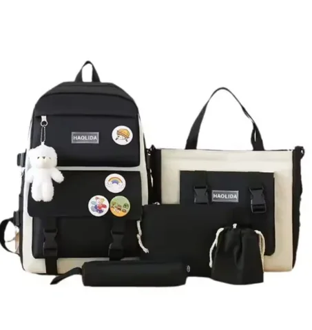 Ensemble sac à dos scolaire filles - 5PCs : sac à dos Kawaii, 2 trousses à crayons, sac à main, porte-monnaie Noir