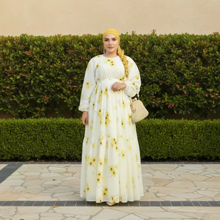 فستان أبيض مطرّز بزهور صفراء