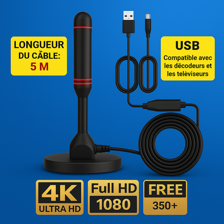 Antenne TV Numérique Portable DVB-T2 / DTMB – Utilisation Intérieure et Extérieure, Base Magnétique, Câble de 5 m, Connecteurs USB et TV Mâle