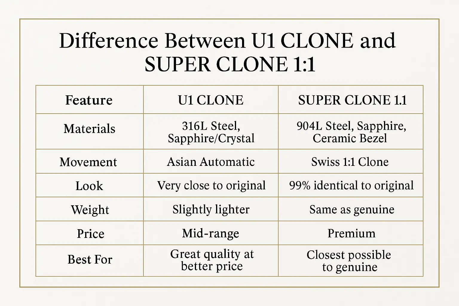 Comparison of AAA Replica vs Super Clone luxury watches showing differences in quality, materials, and craftsmanship