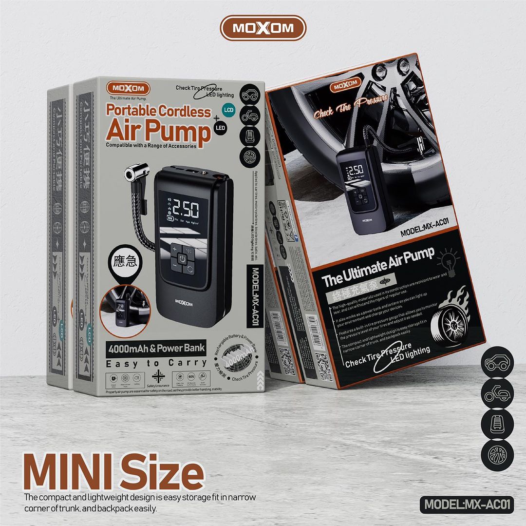 moxom pump منفخ الإطارات للسيارة والدراجة النارية واطارات الدراجة [بطارية 4000ملي امبير ]