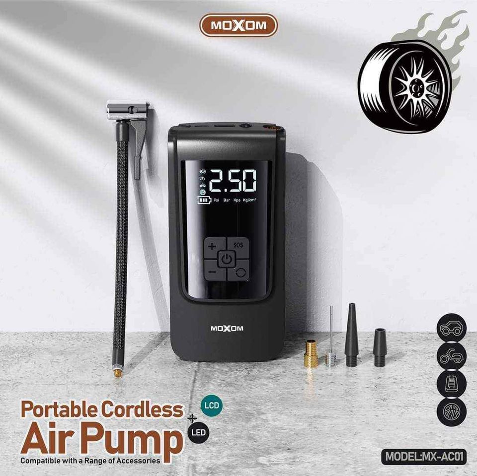 moxom pump منفخ الإطارات للسيارة والدراجة النارية واطارات الدراجة [بطارية 4000ملي امبير ]