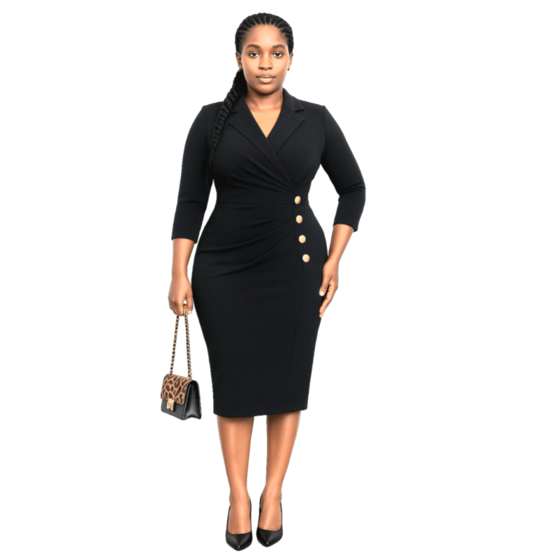 Robe Blazer Ajustée avec Boutons Dorés – Noir Élégant