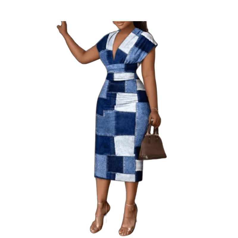 Robe Mi-Longue en Denim Patchwork Élégante