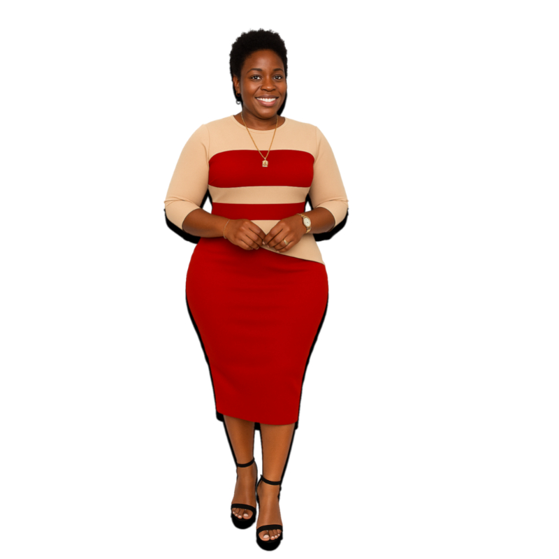 Robe Ajustée Bicolore avec Jupe Crayon – Rouge et Beige