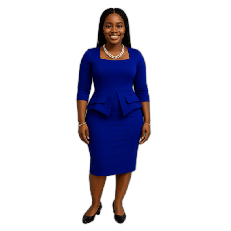 Robe Peplum Bleu Roi Élégante avec Col Carré et Manches 3/4