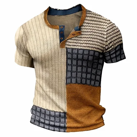 تيشيرت رجالي بأكمام قصيرة مطبوع بتقنية ثلاثية الأبعاد، يسمح بمرور الهواء، ذو ملمس مميز، بنمط مربعات الوافل، بتصميم كلاسيكي، مناسب للإطلالات الكاجوال، صيفي