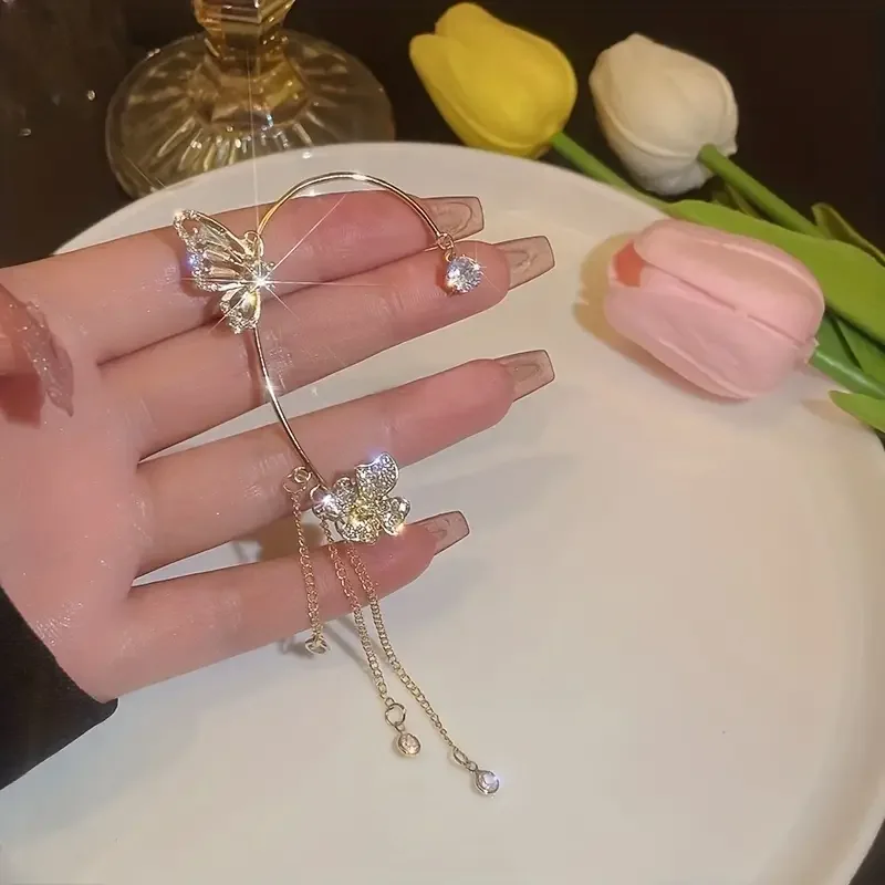 a pair of fashionable   flower ear cuffs korean     sparkly luxury womens accessories   ear cuff elegant event wear formal occasion earrings sparkly earrings   metallic   delicate   statement earrings trendy ear cuff gift for her   Product details 2