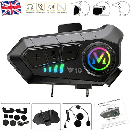 جهاز اتصال بلوتوث للخوذة للدراجات النارية V10 – مكالمات، موسيقى، وميكروفون مدمج مع الضوء المحيط