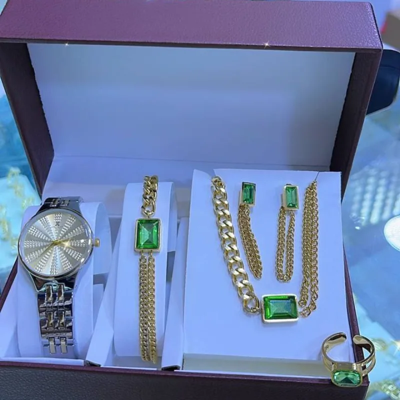 Coffret cadeau pour femme : Collier + Boucles d'oreilles + Bracelet + Montre de luxe+ Bague / ساعة فاخرة+ قلادة + اقراط + سوار+ خاتم