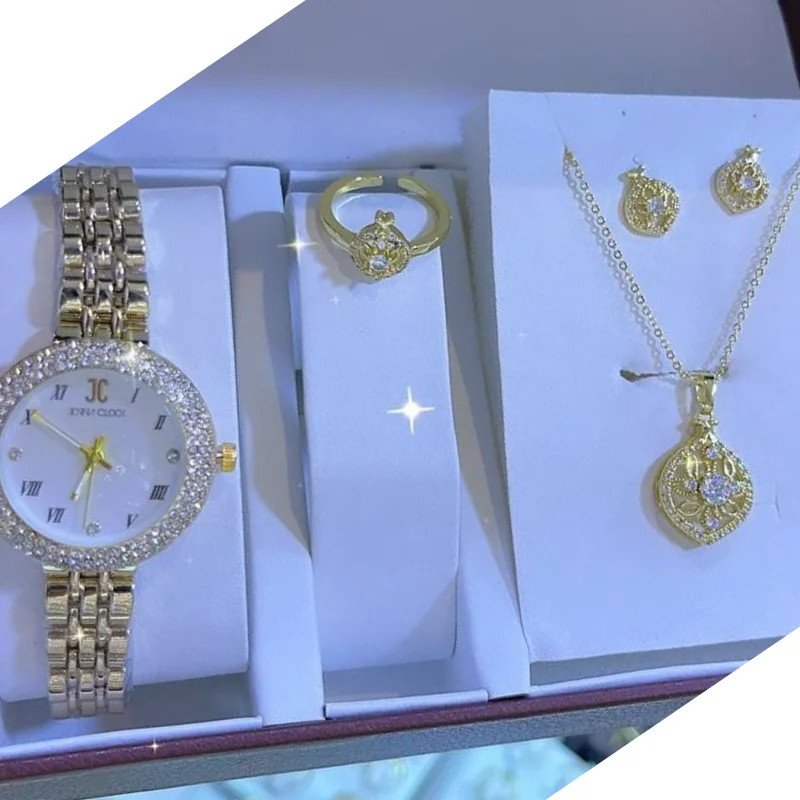 صندوق المجوهرات: ساعة + قلادة + أقراط + خاتم Coffret bijoux : Montre + collier + boucles d'oreilles + bague