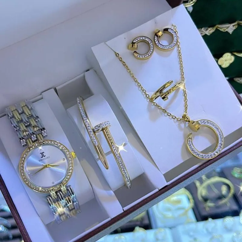 Coffret cadeau pour femme : Collier + Boucles d'oreilles + Bracelet + Montre de luxe+ Bague / ساعة فاخرة+ قلادة + اقراط + سوار+ خاتم