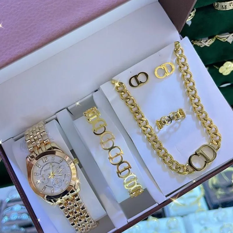 Coffret cadeau pour femme : Collier + Boucles d'oreilles + Bracelet + Montre de luxe+ Bague / ساعة فاخرة+ قلادة + اقراط + سوار+ خاتم