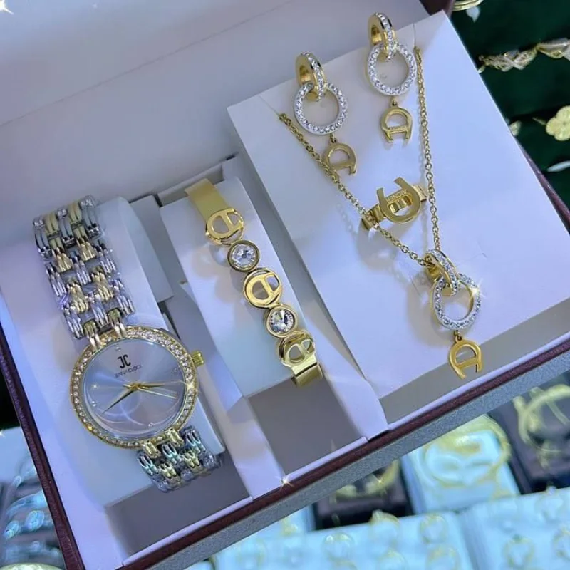 Coffret cadeau pour femme : Collier + Boucles d'oreilles + Bracelet + Montre de luxe+ Bague / ساعة فاخرة+ قلادة + اقراط + سوار+ خاتم