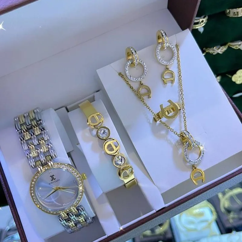 Coffret cadeau pour femme : Collier + Boucles d'oreilles + Bracelet + Montre de luxe+ Bague / ساعة فاخرة+ قلادة + اقراط + سوار+ خاتم