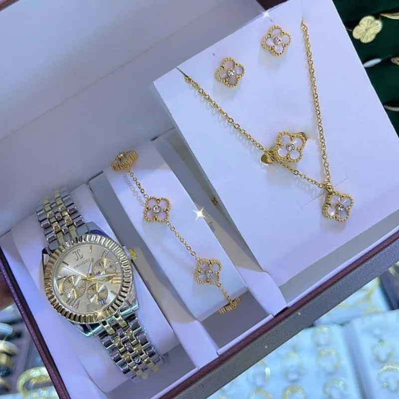 Coffret cadeau pour femme : Collier + Boucles d'oreilles + Bracelet + Montre de luxe+ Bague / ساعة فاخرة+ قلادة + اقراط + سوار+ خاتم