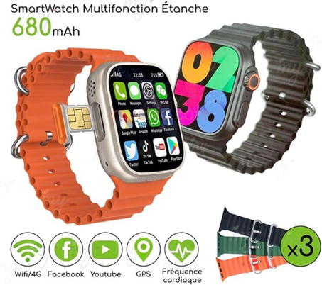 ساعة ذكية موديو 4g الترا ماكس اندرويد عالية الدقة 2.2 بوصة شاشة 49 نانومتر مع شريحة اتصال كاملة تعمل باللمس مع 3 مجموعات سوار وشحن لاسلكي.، أزرق