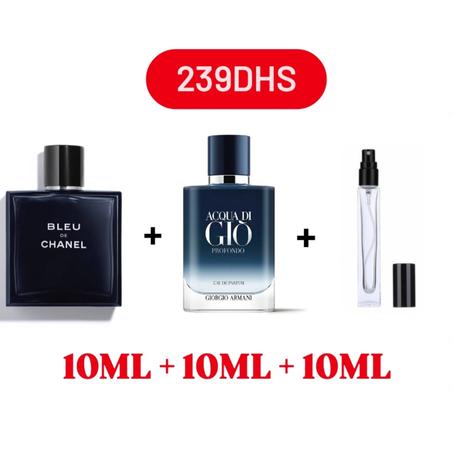 10ml aqua di gio+10ml bleu de chanel+10ml gratuit
