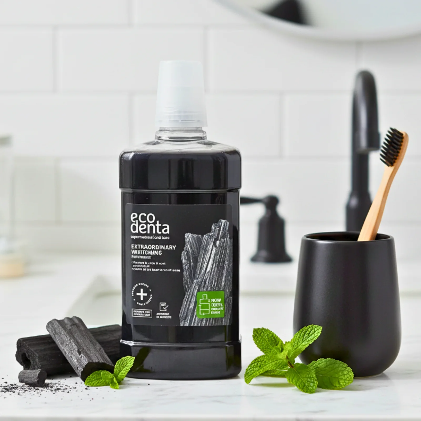 Bain de bouche + Dentifrice blanchissant au charbon actif (saveur menthe + saveur orange )