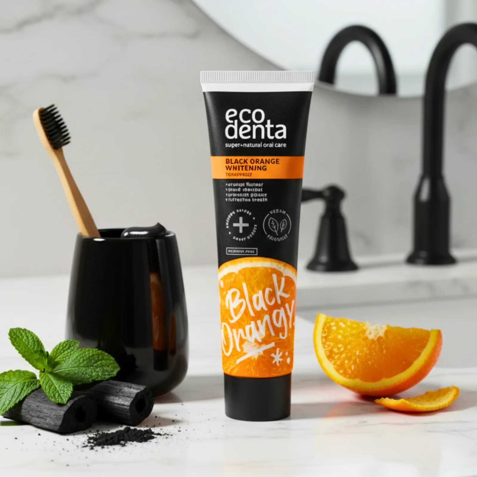 Bain de bouche + Dentifrice blanchissant au charbon actif (saveur menthe + saveur orange )